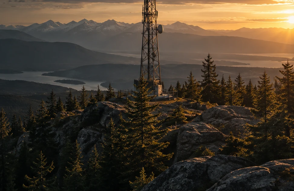 Communications tower on a wooded mountain ridge at sunset